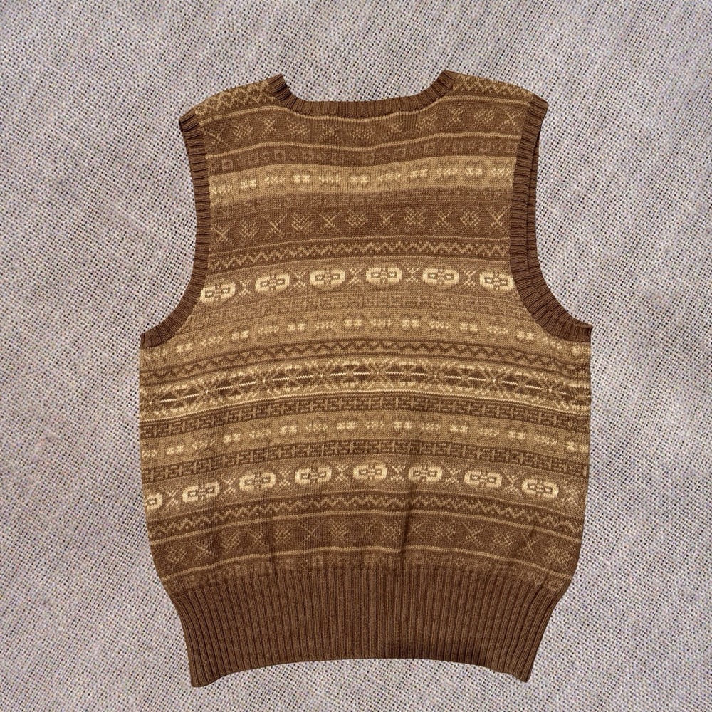 Polo Ralph Lauren Knit Sweater Fair Isle  Vest Brown Beige Cotton Cashmere L - Picture 4 of 7
